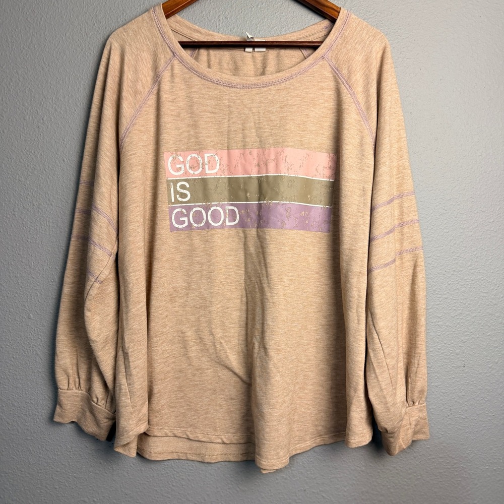 Cato 18W Beige Long Sleeve Graphic Novelty Soft Cozy Sweatshirt God Is Good